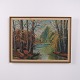Landskabsmaleri på Lærred med Skovmotiv og Å i Guldramme 47,5 x 64 cm