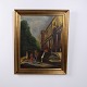 Bymaleri på Lærred med Kirke og Mennesker i Guldramme 76,5 x 62,5 cm